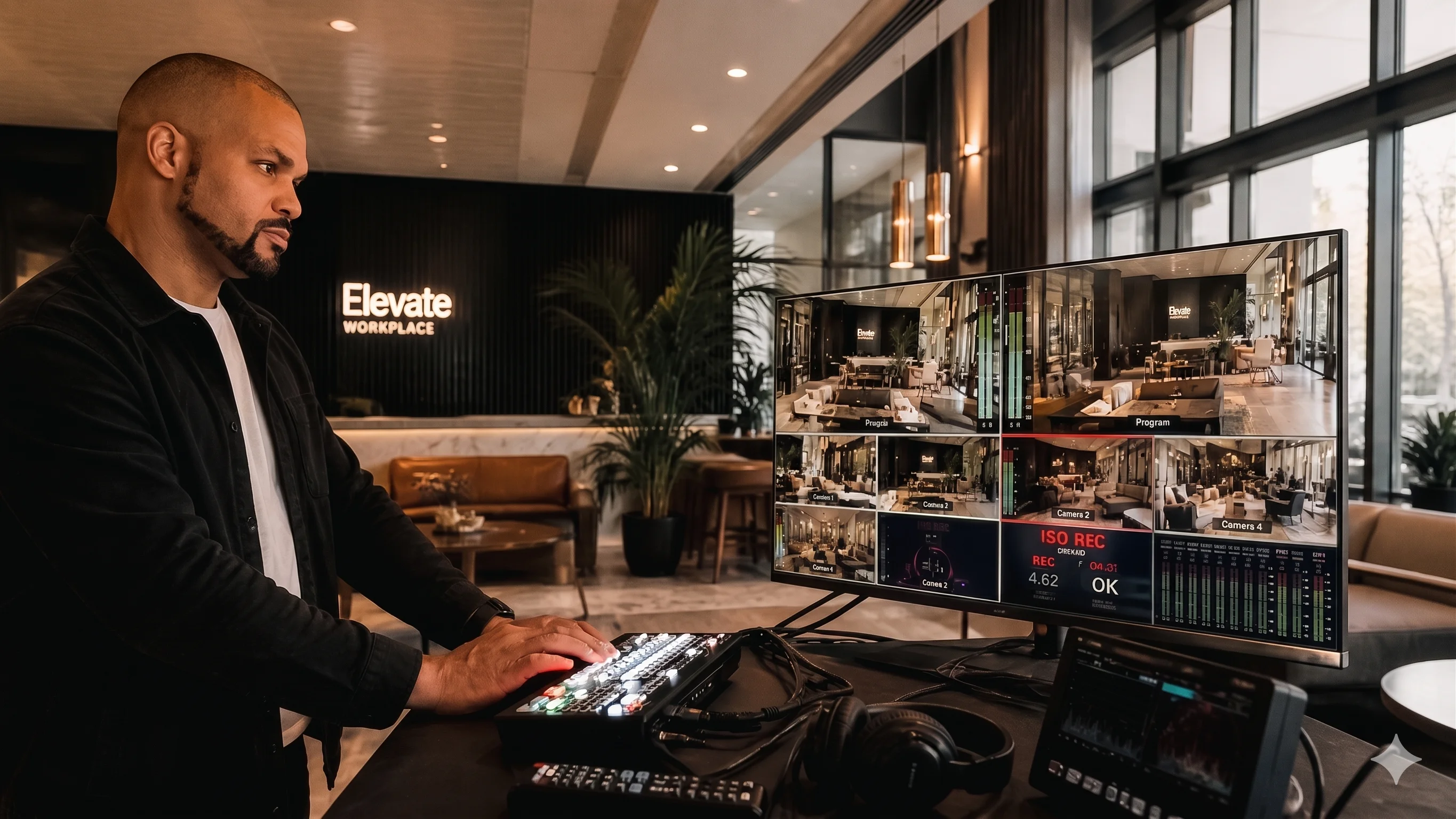 Daryl McCollin operating a live multi-camera production at Elevate Workplace, London