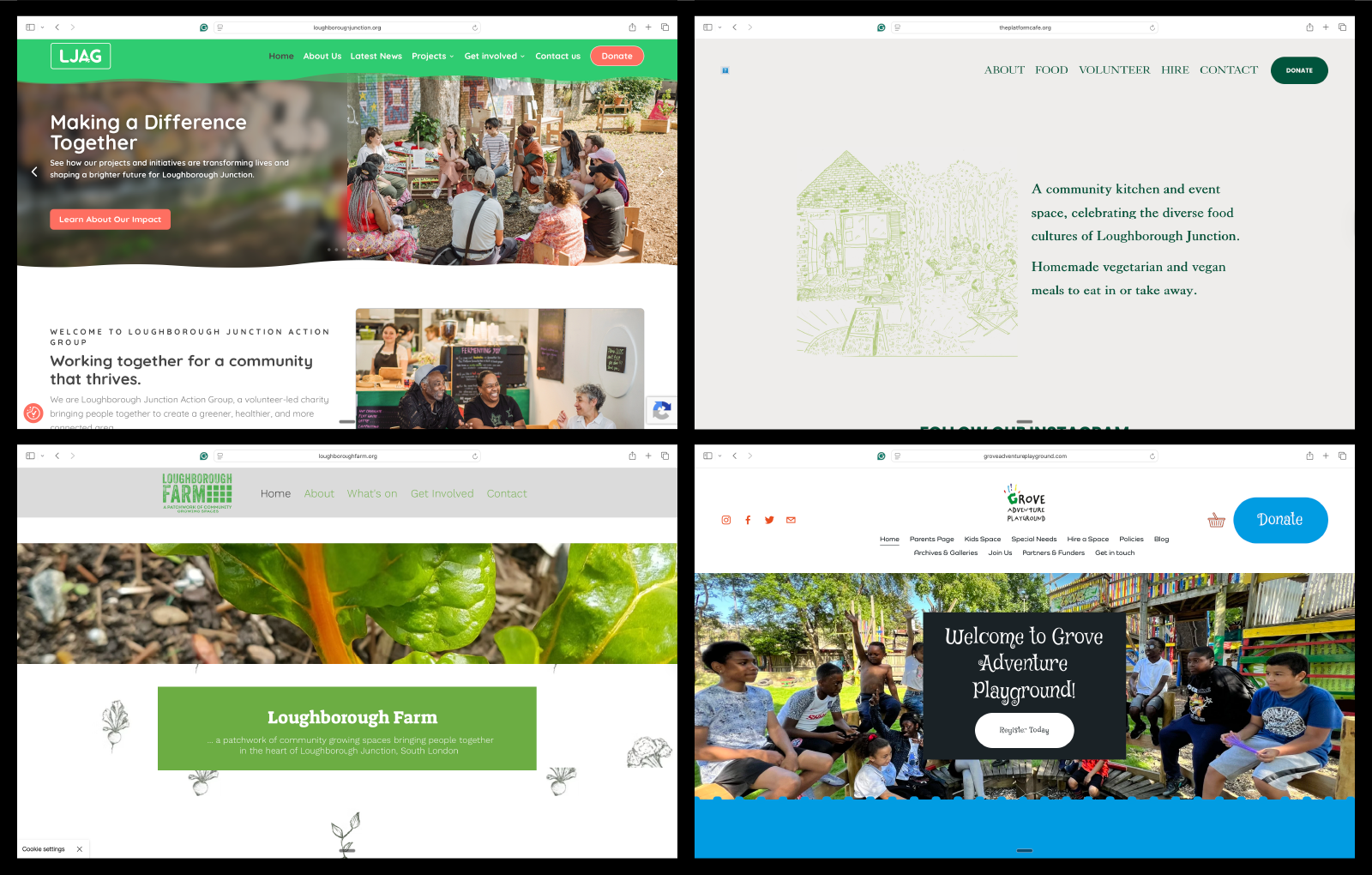 The four homepages shown together: LJAG, Loughborough Farm, The Platform Café, and Grove Adventure Playground — each in its own colour, clearly part of the same family