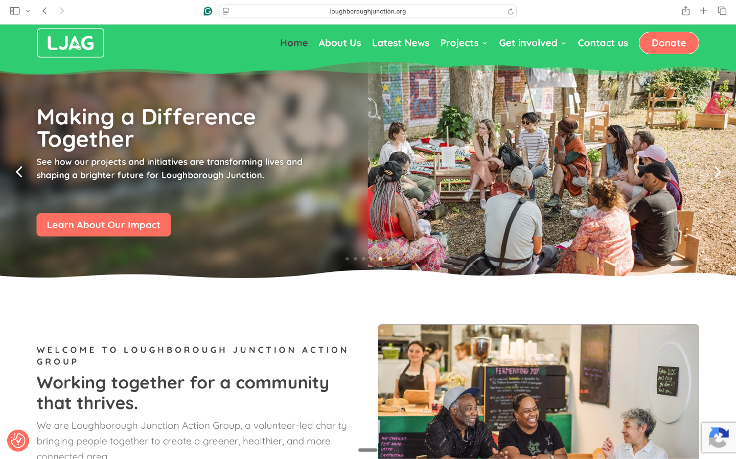 The rebuilt LJAG main site homepage from the first engagement, showing the refreshed brand, cleaner navigation, and updated section structure
