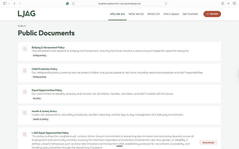 Documents section showing policies, annual reports, and board papers