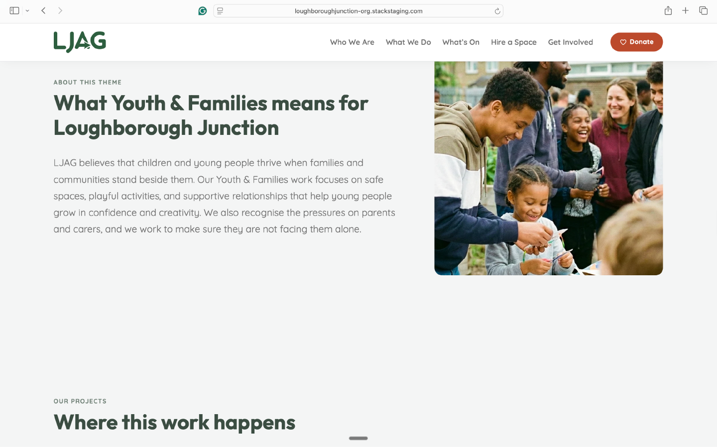 The Youth & Families theme page, showing content drawn from Grove, LJAG-wide events, and cross-project youth programmes in a single view