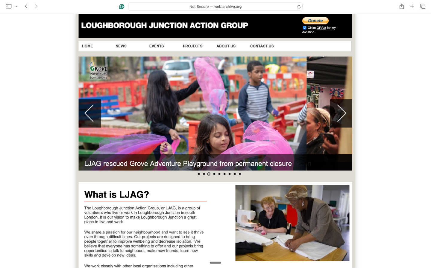 The old LJAG homepage, captured from the Wayback Machine, showing a black header, stacked white wordmark, image slider, and Latest News and Latest Events columns in a two-column layout